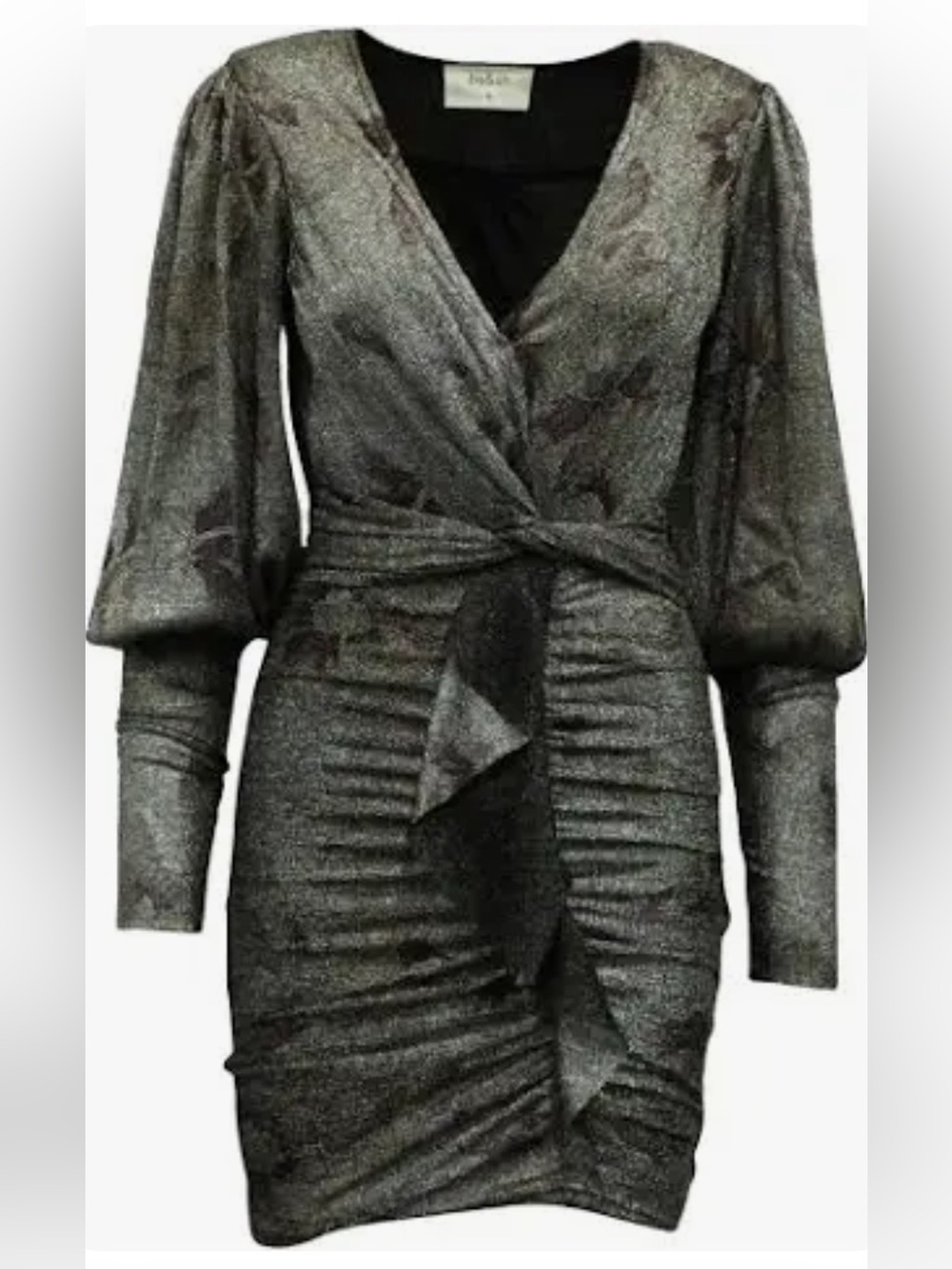 ba&sh Metallic Silver Long-Sleeve Twist-Front Dress with Dark Red Accents
